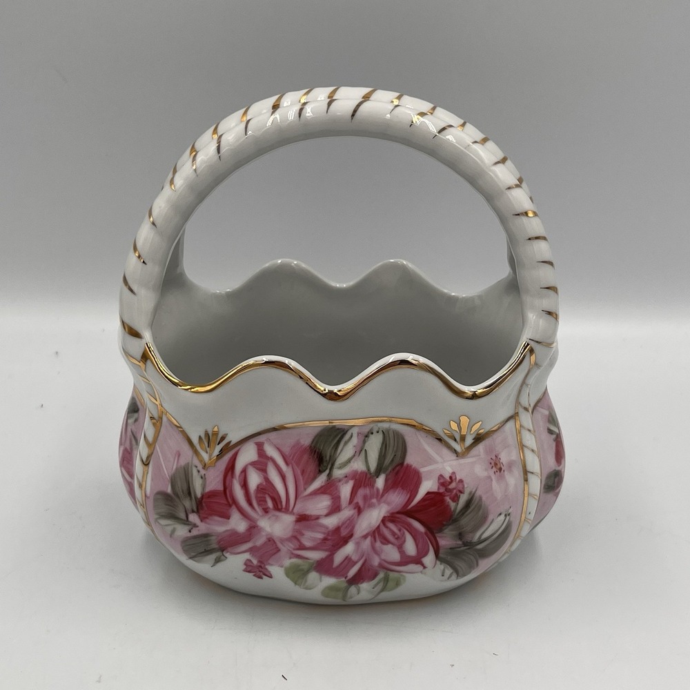 Vintage Formalities Painted Basket Vase Flowers Gold Trim Cottage Granny Core